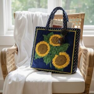 Vintage Handmade Quilted Sunflower Tote Bag w/Pocket Cottagecore Boho 15" Granny